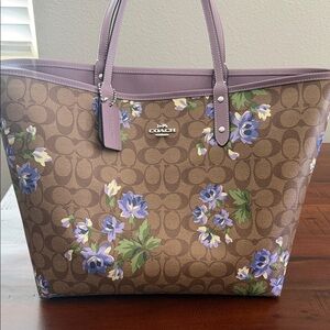 Coach Brown Tote reversible with Purple Floral Design